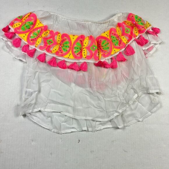 Miss June Paris White Boho Tassel Crop Top S/M Embroidered Festival Resort Shirt - Picture 9 of 10